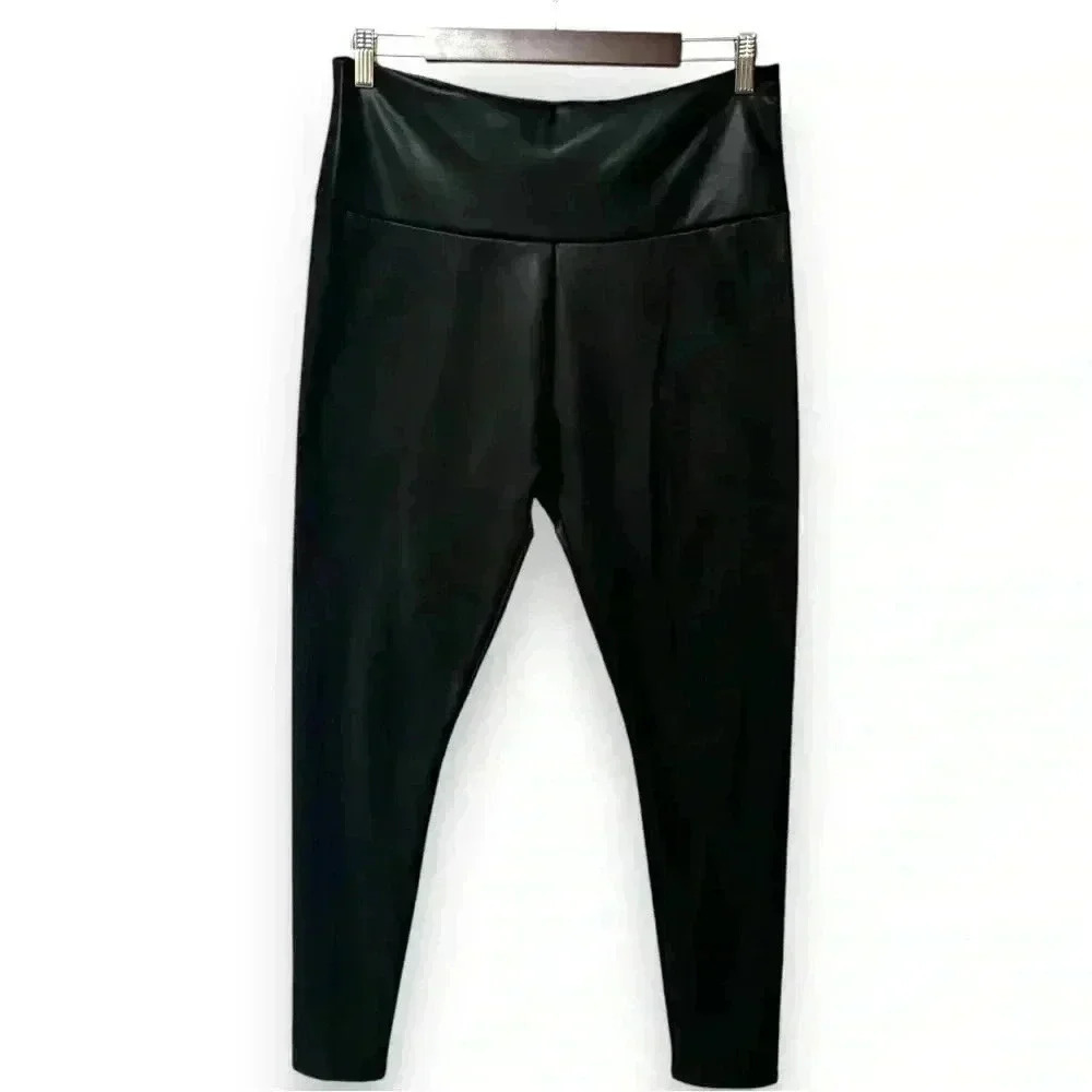 Women’s size XL control top faux leather black stretch lined athletic leggings - Picture 1 of 9
